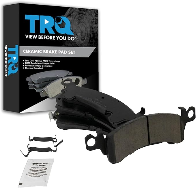 TRQ Front Ceramic Brake Pad Set Compatible with 85-02 Chevrolet Astro; 85-02 GMC Safari; 91-96 Buick Roadmaster; 91-96 Chevrolet Caprice; 94-96 Impala