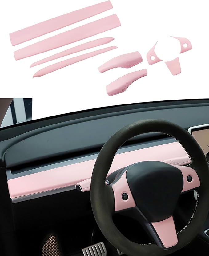 Pink Dashboard Cover and Front Door Cover Compatible with Tesla Model 3（2021-2023） and Model y（2019-2023 (Pink 9 Sets)