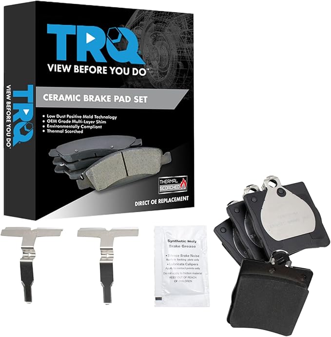 TRQ Rear Brake Pads Ceramic Hardware Compatible with 1996-2011 Mercedes-Benz C230 C240 C280 C320 C350 CLK320 CLK350 CLK430 E320 E430 SLK230 SLK280 SLK300 SLK320 SLK350 2004-2008 Chrysler Crossfire