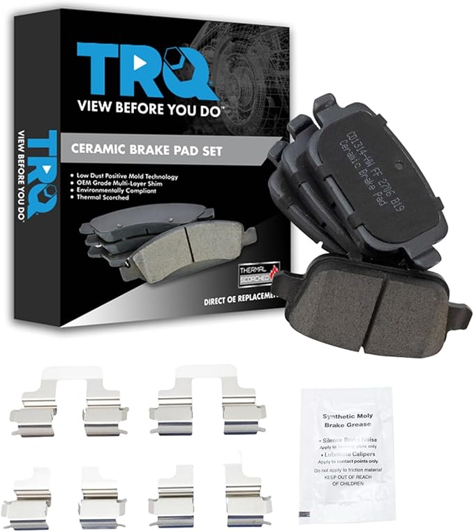 TRQ Rear Brake Pads Ceramic Hardware Compatible with 2008-2012 Land Rover LR2 2007-2008 Volvo S80