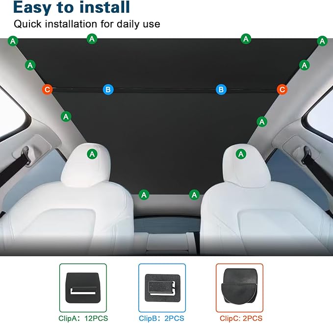 ROCCS Sunshade Roof for Tesla Model Y 2020-2024 Colorful Ice Crystal Glass Roof Sunshade Sunroof No-Sag Design Retractable Sunshade Heat Insulation Roof Window Sun Protection Snap Foldable (Black)