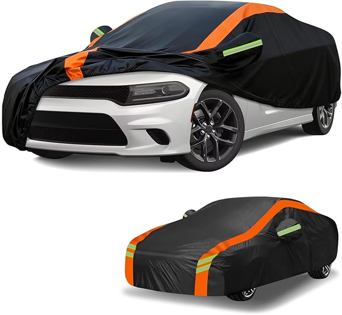 Car Cover for Dodge Charger/Challenger 2008-2026, Multi-Layer Automobiles Covers Waterproof All Weather with Zipper Door, Sun Rain Snow Dust Protection