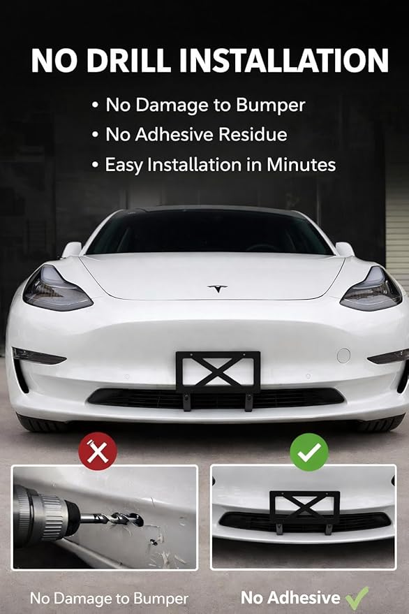 No Drill Front License Plate Mount for Tesla Model 3 2018-2022, Premium Front License Plate Holder Bracket, Camera-Safe License Plate Frame, Secure & Scratch-Free Install【for 2017-2022 Tesla Model 3】