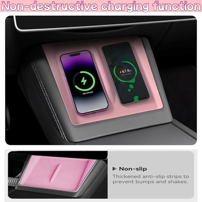 4 PCS Silicone Center Console Accessories Kit for Tesla Model Y Juniper 2025 2026, Including Center Console Mat, Cup Holder Insert, Screen Edge Protector Frame, and Mirror Frame Protectors (Pink)