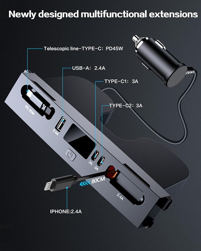 Car USB Charger Multi Port for 2024 2025 Tesla Model 3 Highland & New Model Y Juniper 2026,Multifunctional Tesla Accessories Retractable Cable,Tesla USB hub,Gifts for Tesla Owners.
