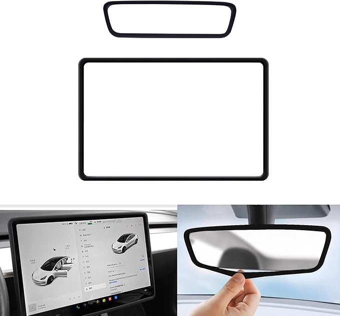 for 2024 2025 Model 3 Highland/2025 Model Y Juniper Central Screen and Interior Mirror Protector Frame Interior Accessories (Black-M3/Y-2pcs)
