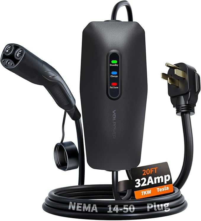 Level 2 Tesla Charger 32Amp, 7KW Electric Vehicle Portable Charger with 20FT Cable, Home EV Charging Station for Tesla Models Y/X/3/S, 240V NEMA 14-50 Plug