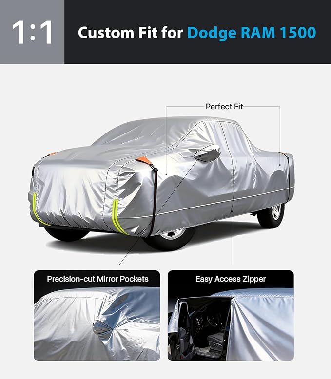 Wigoo Dodge Ram 1500 Truck Car Cover Accessories 2019-2026, Custom Fit Waterproof All Weather Outdoor Full Pickup Cover, Windproof UV Rain Snow Dust Protection, Door Zipper, Reflective Strips