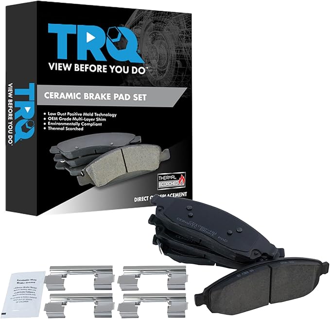 TRQ Front Brake Pads Ceramic Hardware Wear Sensor Compatible with 2006-2010 Jeep Commander 2005-2010 Grand Cherokee