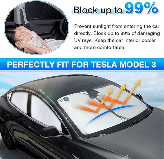 T TGBROS Windshield Sun Shade for Tesla Model 3 2018-2024 2025 Car Window Shades Thicken UV Block and Blackout Privacy Foldable Sunshades 7PCS Keep Cool Sun Visor Covers