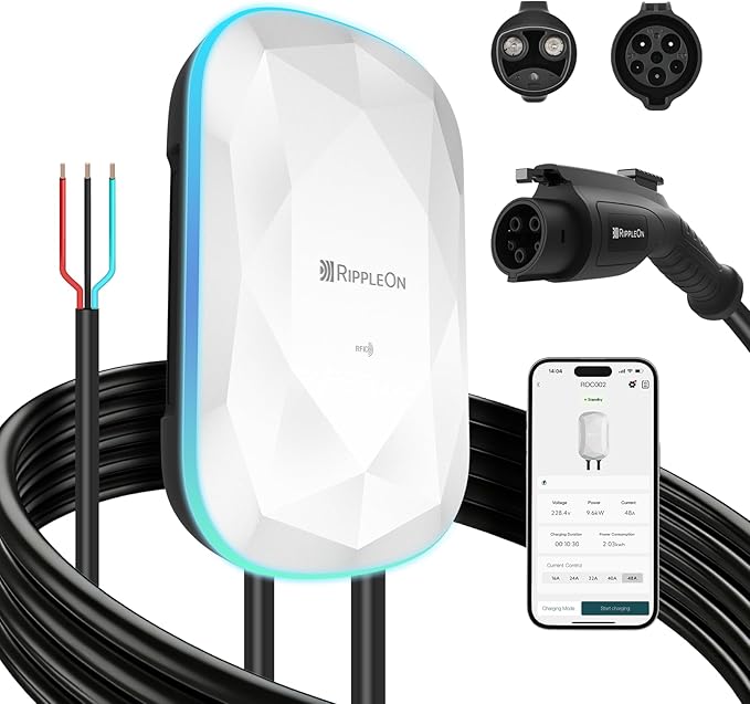 RIPPLEON Level 2 EV Charger - Dual Plug Type Universal Wall Connector Hardwired 11.5Kw - Compatible for All North American EVs - 48Amps 240V Tesla Wall Charger, UL, FCC,White