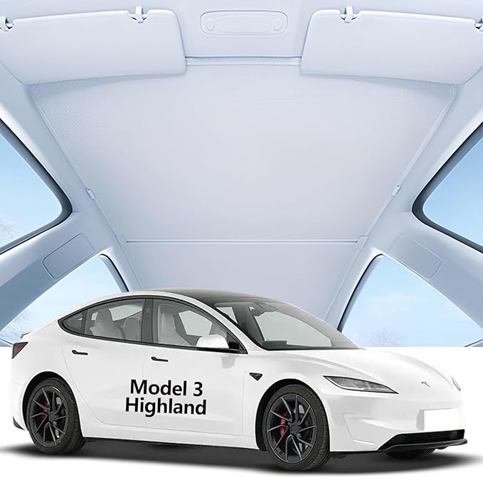 Glass Roof Sunshades for Tesla Model 3 Highland,Heat Reflective Nano Ice Crystal Coatings UV Block Roof Sunshades No Sag Flodable Sunroof Sunshade for Tesla Model 3(2024-2025)