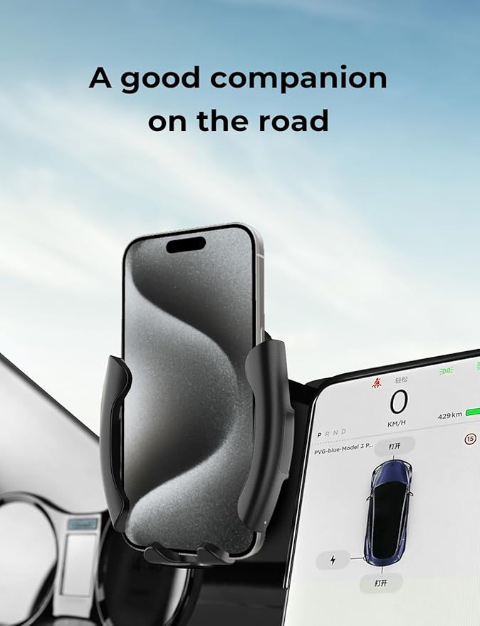 Premium Tesla Phone Mount & Holder for Model Y (2019-2024) & Model 3 (2018-2023),Snap-On Screen Clip with Scratch-Free Felt Base, Solid Alloy Arm