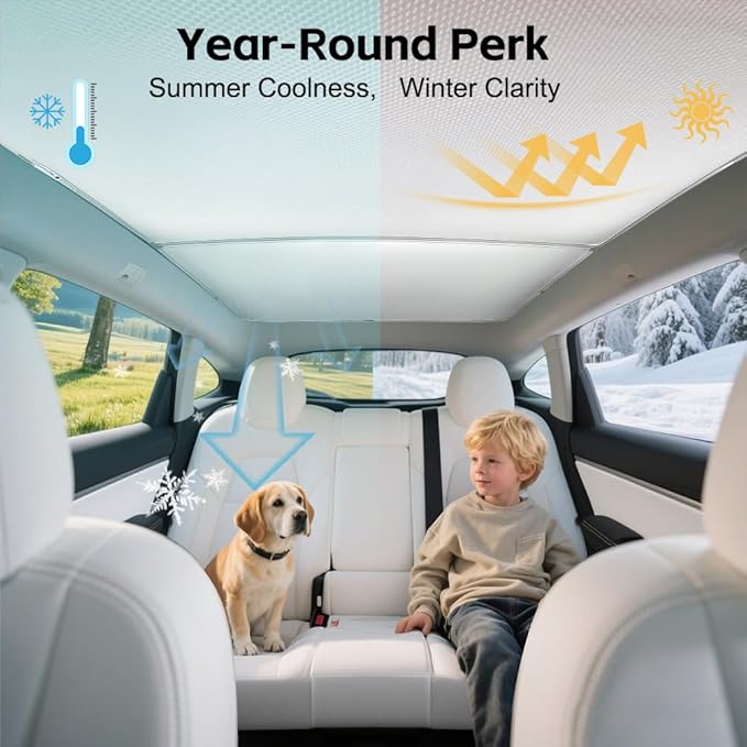 Tesla Model Y (2020-2025) Double-Layer Glass Sunshade Roof Red-Film Crystal Coatings,Easy Install with Clips, Foldable & Storage Bag UV Blocking Tesla Accessories Gray