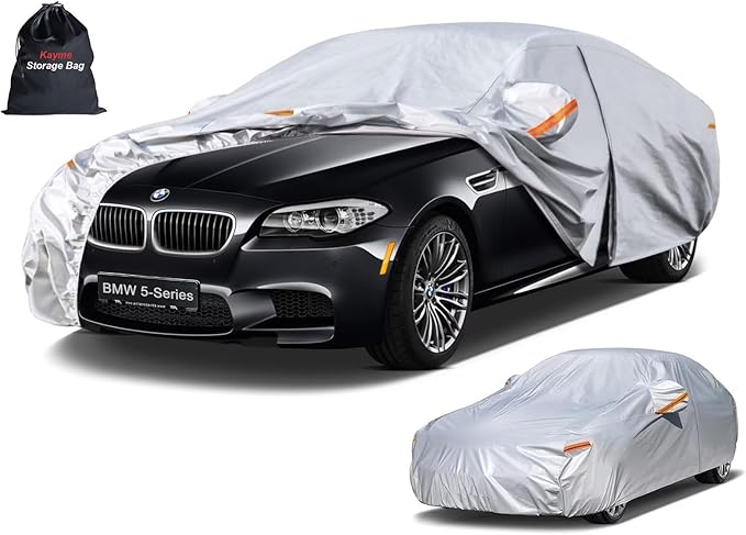 Kayme 6 Layers Sedan Car Cover Custom Fit for BMW 5-Series，M5 528i 530 530i 535i 540i (1988-2026), Waterproof All Weather for Automobiles,Rain Sun UV Protection.Silver