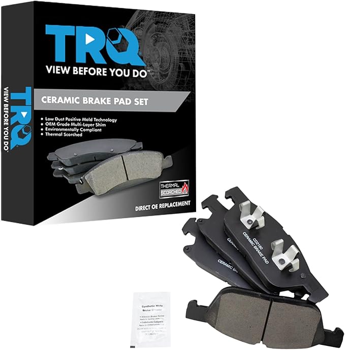 TRQ Front Ceramic Brake Pad Set Includes Contact Point Grease Compatible with 2024 Ford Edge with Red Painted Calipers 22-23 Edge ST with Red Painted Calipers 19-20 Edge ST