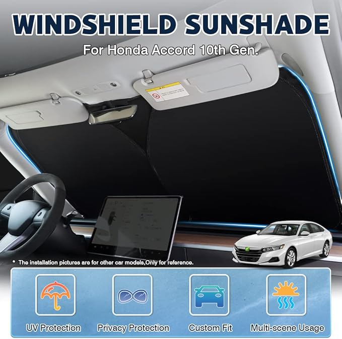 Karltys Front Windshield Sun Shade for 2018-2022 Honda Accord, Thickened Reflective Window Sunshade Custom Fit 10th Gen. Accord, Foldable Sun Visor Protector Blocks Heat UV Rays