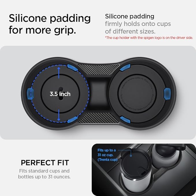 Spigen Cup Holder Insert Relaxed Grip for Tesla Model Y (2021-2024) & Model 3 (2021-2023) [Not Compatible with Model Y Juniper (2025/26) and Model 3 Highland (2024/25) - (Up to Trenta Cups)
