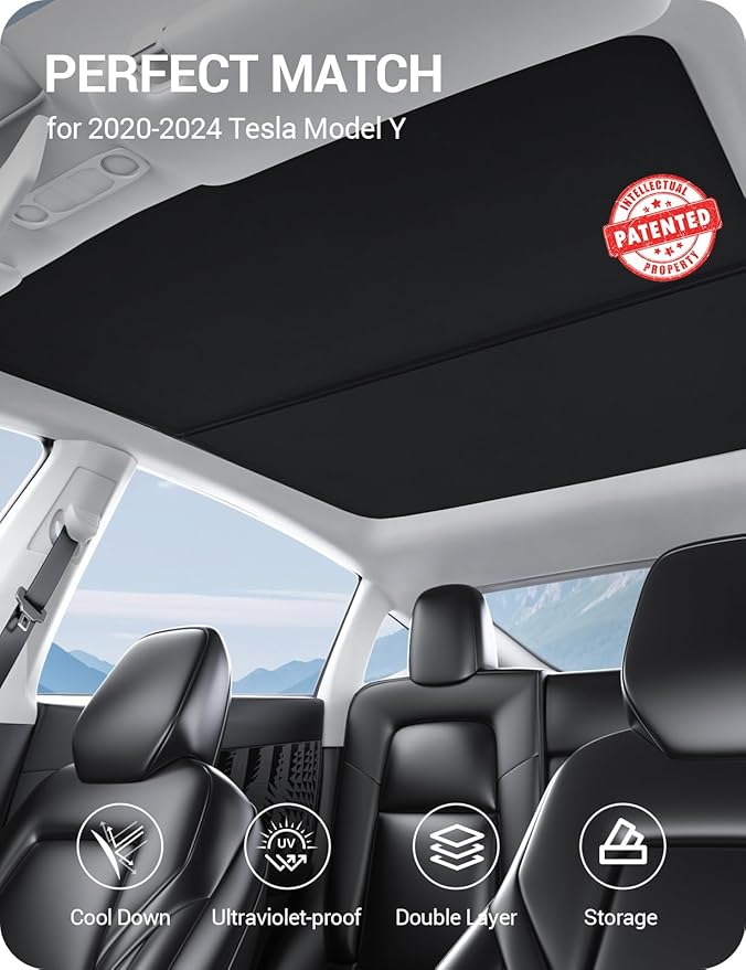 BASENOR Upgraded Tesla Model Y Sunshade Roof, [Nano Ice-Crystal Coatings] Heat Insulation Glass Roof Shade, Top Window Retractable Sun Protection, Sunroof Blocking Cover for Model Y 2020-2024 Black