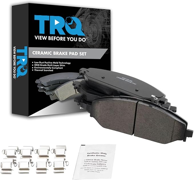 TRQ Front Ceramic Brake Pad Set Includes Contact Point Grease and Hardware Compatible with 2019-2023 Ram 1500 2022 Jeep Wagoneer 2022 Grand Wagoneer
