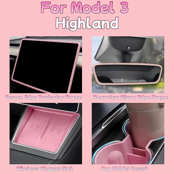4 PCS Silicone Center Console Accessories Kit for Tesla, Including Center Console Mat, Cup Holder Insert, Screen Edge Protector Frame, and Mirror Frame Protectors (Pink Model 3 Highland)