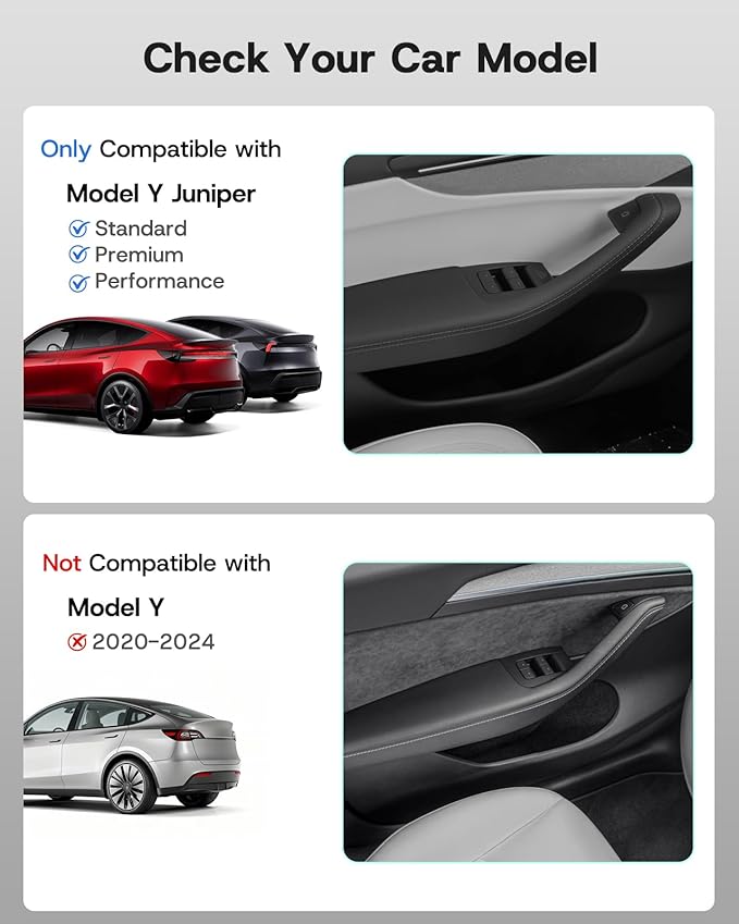 Door Side Storage Box for Tesla Model Y Juniper Accessories, [Include Rear Door Emergency Pull Cord] Front& Rear Pocket Liners, TPE Waterproof Anti-scratch Slot Pockets Organizer- 6 Pcs