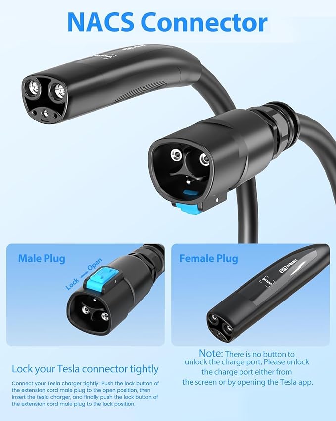 40FT Extension Cord for Tesla, Up to 12KW 50A 240V, NACS Plug, Compatible with Tesla Wall/Destination Connector, EVDANCE EV Charger(not for Tesla Gen 1/Gen 2 Mobile Connectors, Tesla Superchargers)