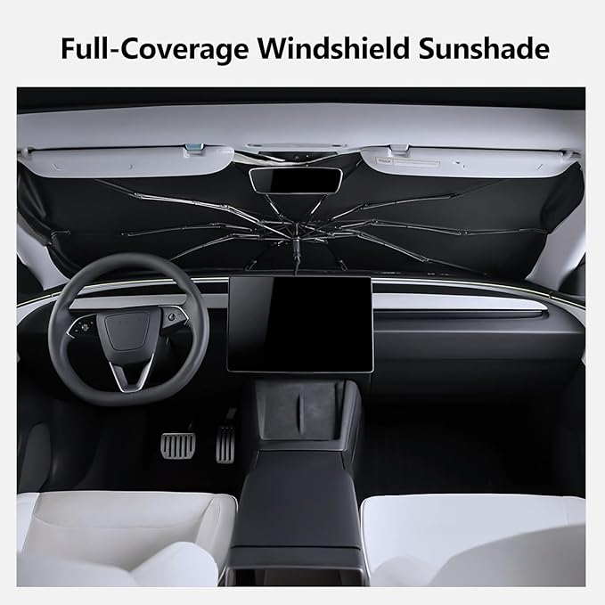 2025 Windshield Sunshade Fits All Tesla Model 3 & Y 2017-2025 Including Juniper Highland Reflective 240T Polyester Heat and UV Rays Windshield Sun Shade Foldable Tesla Interior Protection Accessory