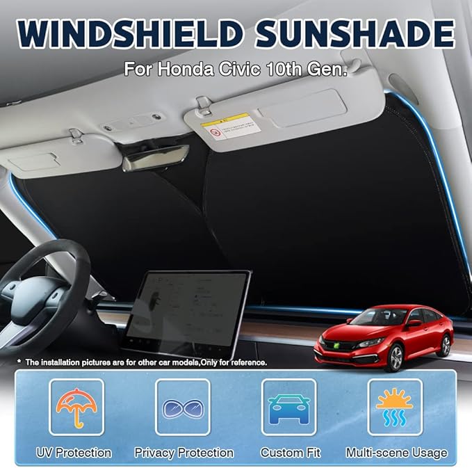 Karltys Front Windshield Sun Shade for 2016-2021 Honda Civic, Foldable Window Sunshade Cover Custom Fit 10th Gen. Civic, 240T Reflective Sun Shade Visor Protector Blocks UV Rays Keep Car Cool