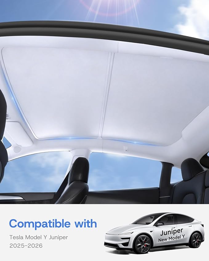 Upgraded Sunshade Roof for Tesla Model Y Juniper Accessories 2025 2026, [Graphene Infused Fabric& UPF 50+ & No-Sag] Heat Insulation Class Roof Sun Shade for Tesla Model Y Accessories, Gray, 2PCS