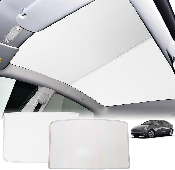 [2025 Upgrade] Sunshade Roof for Tesla New Model Y Juniper 2025 Colorful Ice Crystal Glass Sunroof No-Sag Design Retractable Sunshade Heat Insulation Roof Window Sun Protection Snap Foldable(White)