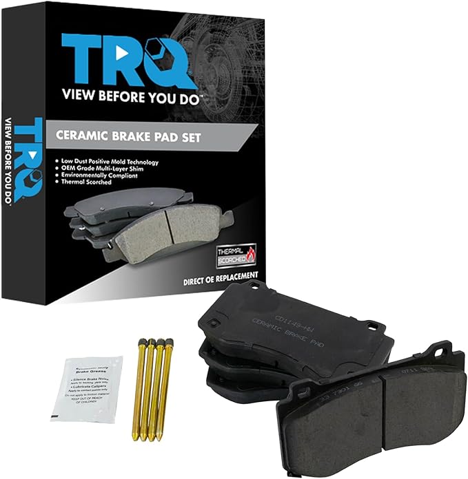 TRQ Front Brake Pads Ceramic Hardware Wear Sensor Compatible with 2005-2023 Chrysler 300 2006-2023 Dodge Charger 2008-2023 Challenger 2006-2008 Magnum 2006-2010 Jeep Grand Cherokee