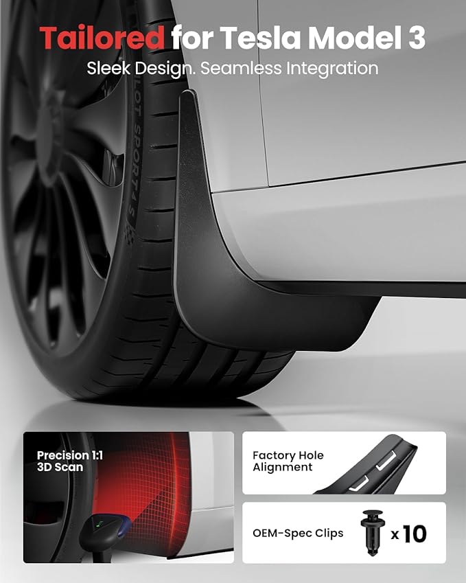 REEVAA 2026 Tesla Model 3 Highland Accessories - Mud Flaps [Protect Paint, No Drilling Required] All-Weather Splash Guard Body Kits for Model 3 Highland 2024-2026, Black (Set of 4)