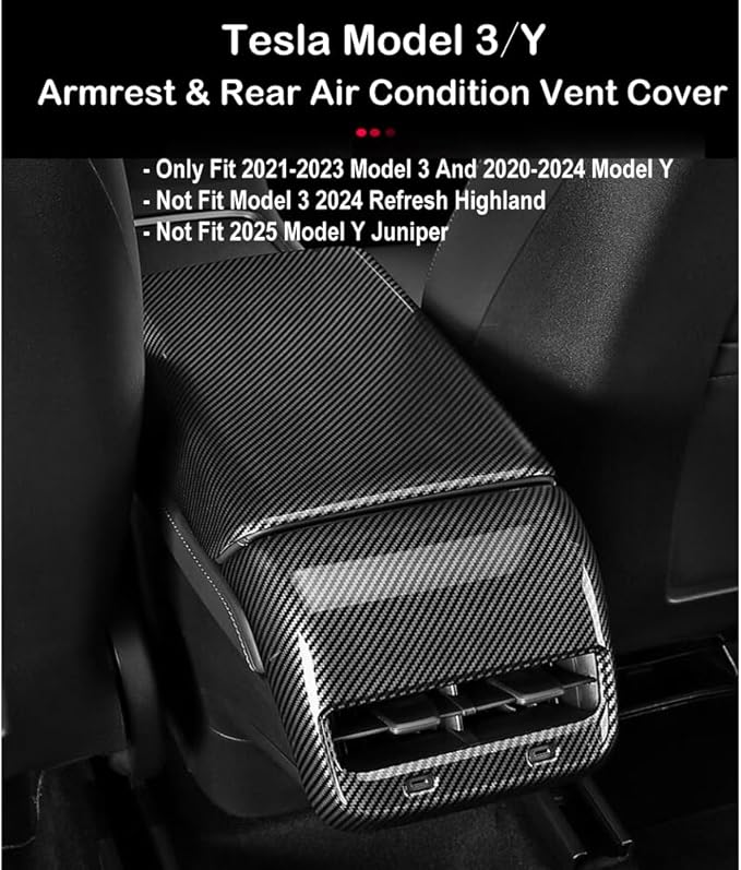 StarYtbl 2PCS Center Console Armrest Cover & Rear Air Condition Vent Cover for Tesla 2017-2023 Model 3 and 2020-2024 Model Y, Tasla Arm Rest Cover and Rear AC Vent Cover (Bright Carbon Fiber Pattern)