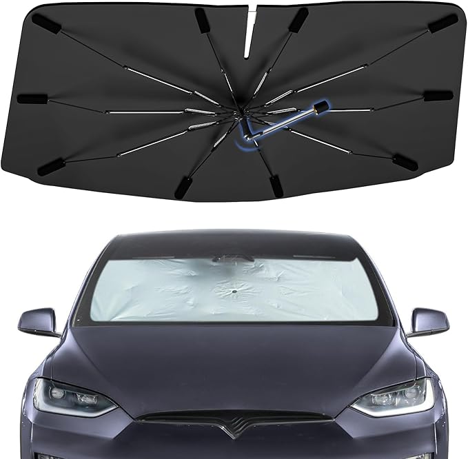 Windshield Sun Shade Umbrella for Tesla Model X 2016-2026, Foldable Sunshade for Car Front Window, 360 Rotation Automotive Interior UV Protection for Outdoor Parking, Keep Car Cool