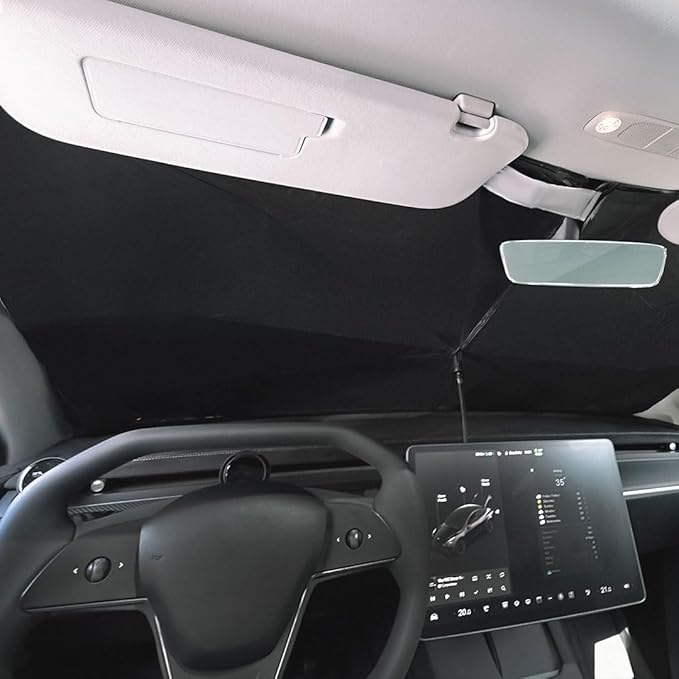 VION Tesla Model 3/Y Windshield Sunshade - Dual-Layer Full Blackout, Umbrella Style, Invisible Frame, Precise Fit, Easy Storage - Fits all Model Y and Model 3 - 2025 Upgraded Version