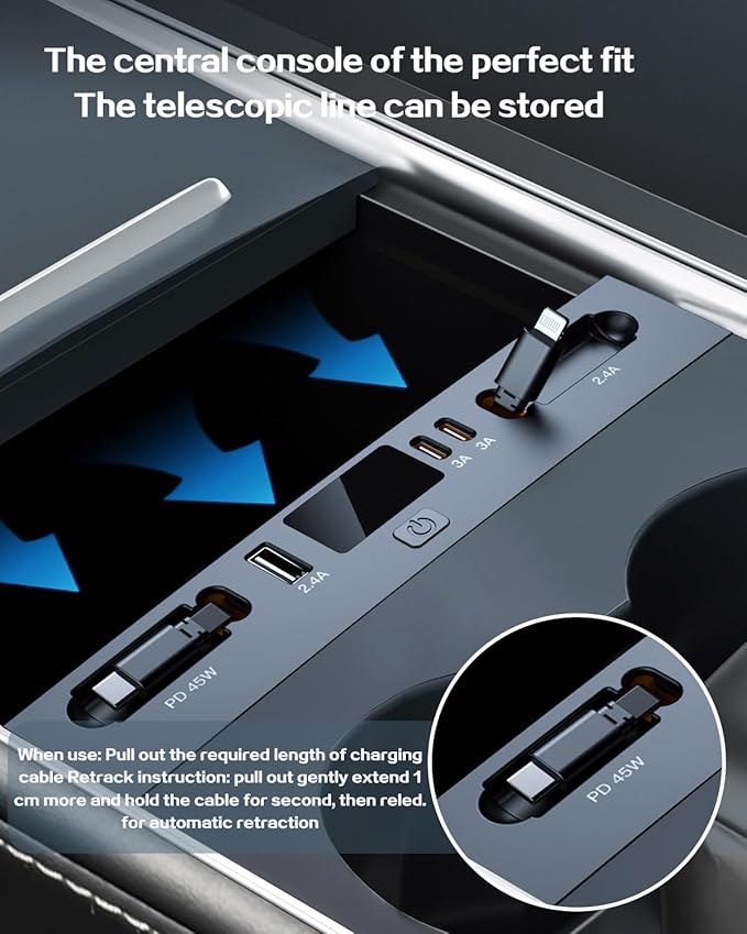 Car USB Charger Multi Port for 2024 2025 Tesla Model 3 Highland & New Model Y Juniper 2026,Multifunctional Tesla Accessories Retractable Cable,Tesla USB hub,Gifts for Tesla Owners.