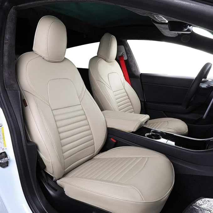 EKR Model S Seat Cover for Tesla Model S 2014 2015 2016(Front Fixed Headrests, Front Full Side Coverage, 3 Rear Headrests) Leather Seat Covers Full Set,Car Seat Protector- Leather (Beige)