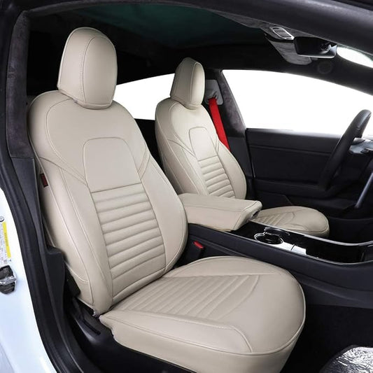 EKR Model S Seat Cover for Tesla Model S 2014 2015 2016(Front Fixed Headrests, Front Full Side Coverage, 3 Rear Headrests) Leather Seat Covers Full Set,Car Seat Protector- Leather (Beige)