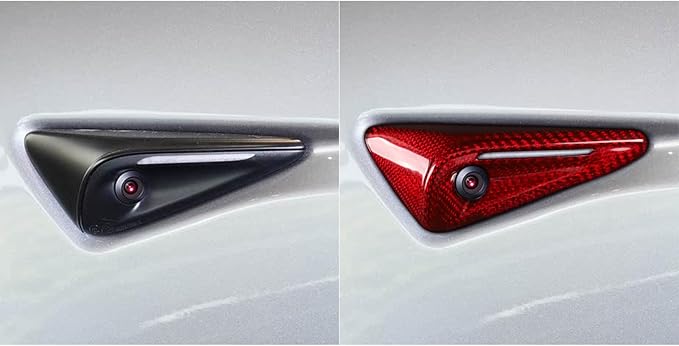 NVCNX for 2025 2026 Tesla Model 3/Y Highland Juniper Accessories Hard Rigid Real Carbon Fiber Vehicle Molding Side Camera Protection Cover Car Exterior Trim 2PCs, Fit for HW4.0, Glossy, Red, not ABS
