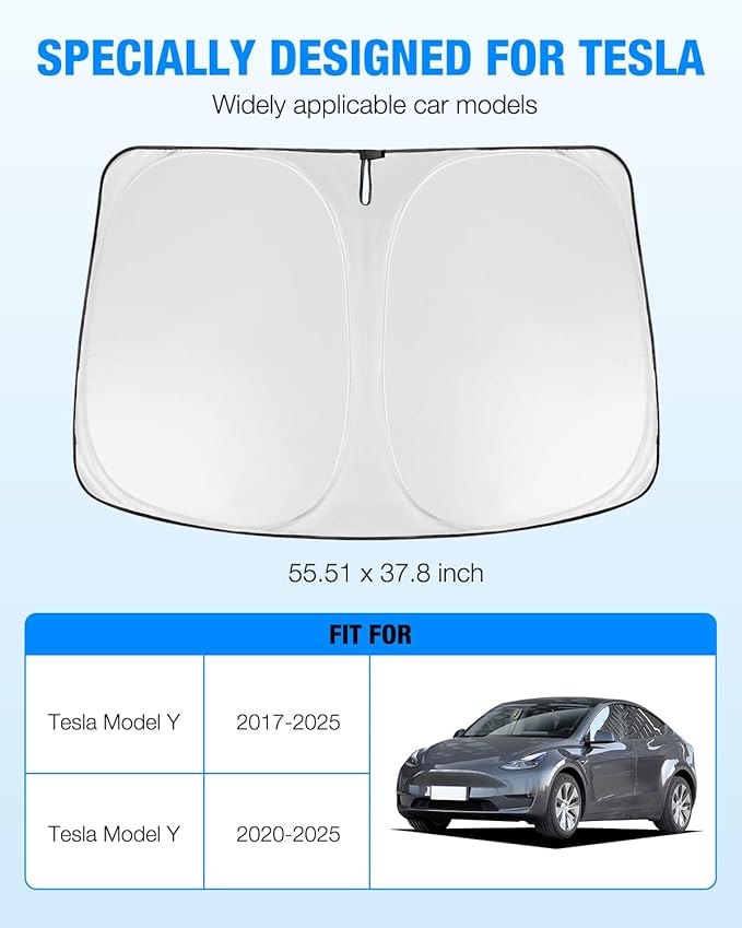 Neverland Custom Fit Windshield Sun Shade for Tesla Model Y 2020-2025, 210D Oxford Front Window Sunshade Visor - Block 99% UV, Keep Vehicle Cool