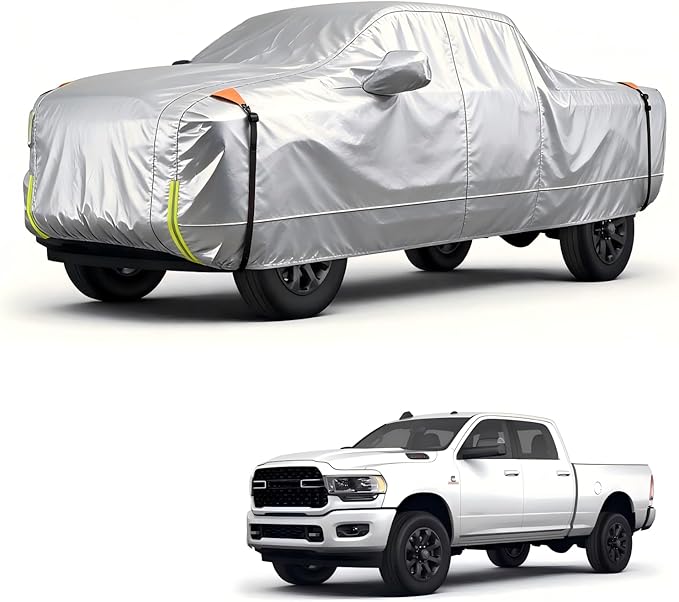 Wigoo Dodge Ram 2500 3500 Truck Car Cover Accessories, Custom Fit Waterproof All Weather Outdoor Pickup Cover, Windproof UV Rain Snow Dust Protection, Door Zipper, Reflective Strips, Breathable Design