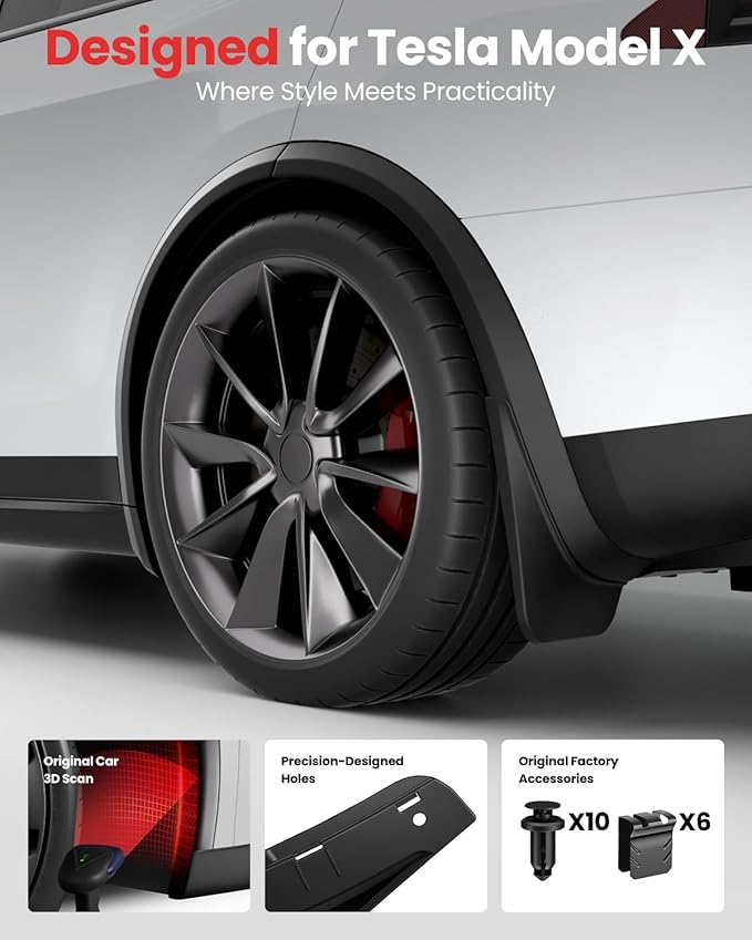 REEVAA 2026 Tesla Model X Accessories - Mud Flaps [Protect Paint, No Drilling Required] All-Weather Splash Guard Body Kits for Model X 2022-2026, Black (Set of 4)