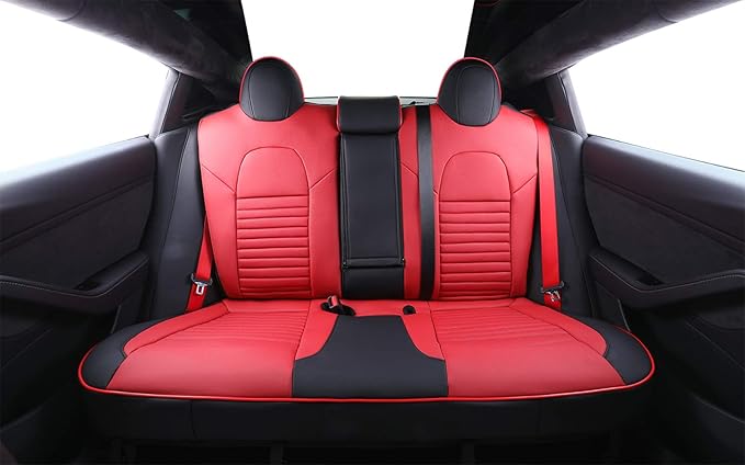 EKR Model S Seat Covers Custom Fit for Tesla Model S 2017 2018 2019 2020,(Front Adjustable Headrests, Rear Full Side Coverage),Leather Truck Seat Cover Full Set for SUV,Faux Leather(Black/Red)