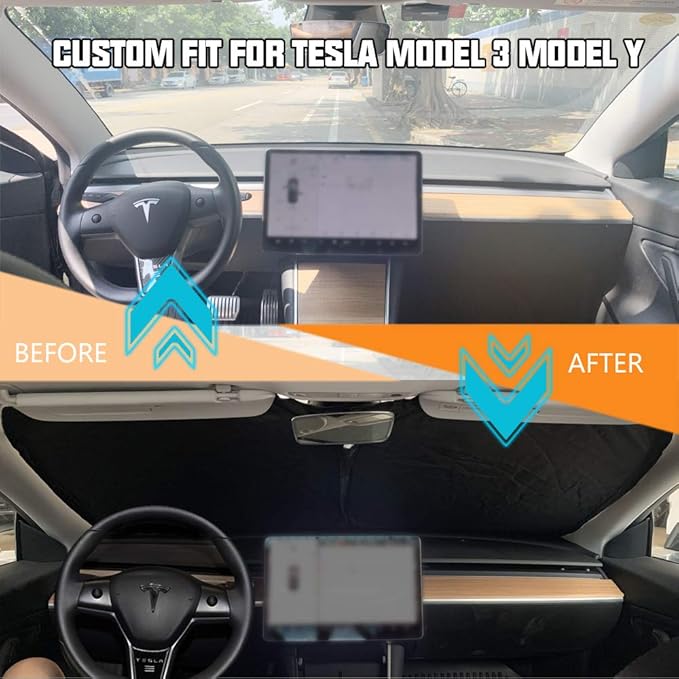 ROCCS Windshield Sun Shade Compatible with Tesla Model 3/Model Y 2016-2026 - 210T Double Layer Blocking Fabric Foldable Heat Shield Sun Visor - Folding Sunshade with Elastic Rope and Storage Bag
