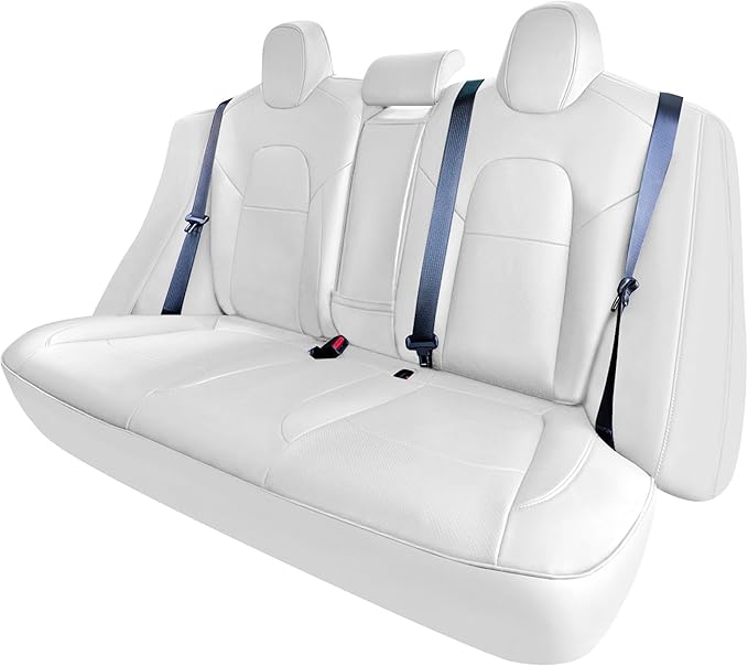 FH Group Custom Fit Car Seat Covers Specifically Made for 2017–2023 Tesla Model 3 Rear Set Solid White Faux Leather Car Seat Covers, Waterproof Automotive Seat Covers, Tesla Accessories
