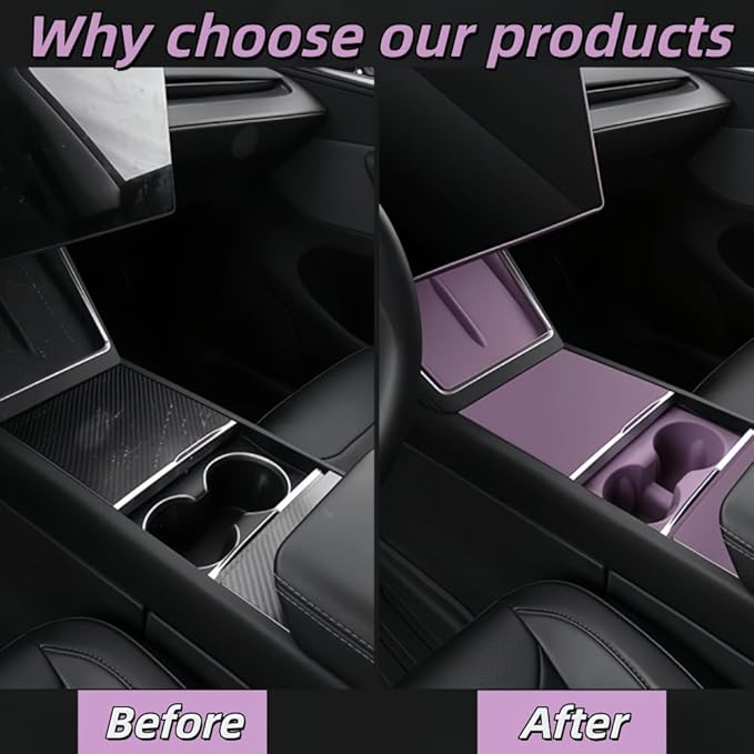 4PCS Silicone Center Console Accessories Kit for Tesla Center Console Mat Cup Holder Insert Screen Edge Protector Frame Mirror Frame Protectors (Purple Model Y Juniper/3 Highland)
