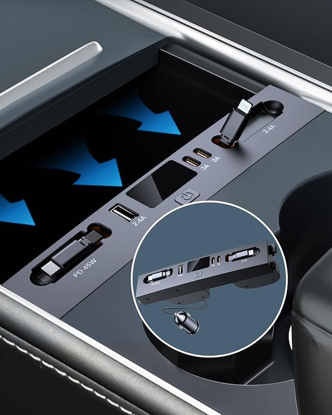 Car USB Charger Multi Port for 2024 2025 Tesla Model 3 Highland & New Model Y Juniper 2026,Multifunctional Tesla Accessories Retractable Cable,Tesla USB hub,Gifts for Tesla Owners.