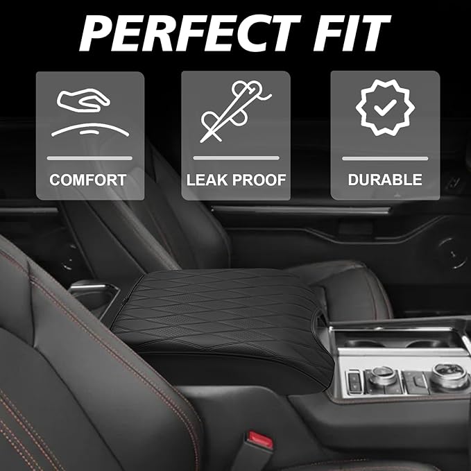 Muslogy Center Console Armrest Cover Fit for Ford F150 2015-2020&F250 F350 F450 2017-2022&Expedition 2018-2024 Accessories, Armrest Pad Console Lid Cushion Vegan Leather Regular Thick (Bucket Seat,V2)