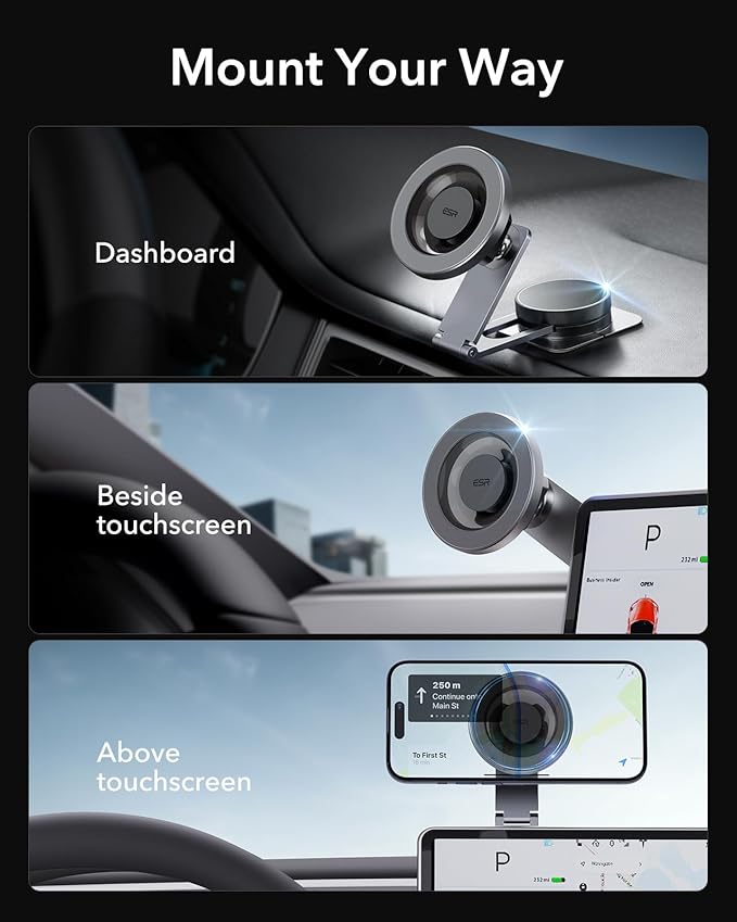 ESR for MagSafe Car Mount, Car Phone Holder, Tesla Touchscreen Car Mount, Magnetic Phone Holder for Car, for iPhone 17e/Air/17-12, S26/S25, Pixel 10, Charging Not Supported(2 Metal Rings Included)